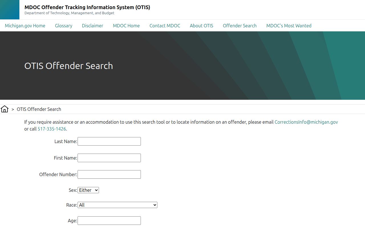 Dearborn Heights residents directory view of Michigan OTIS search fields