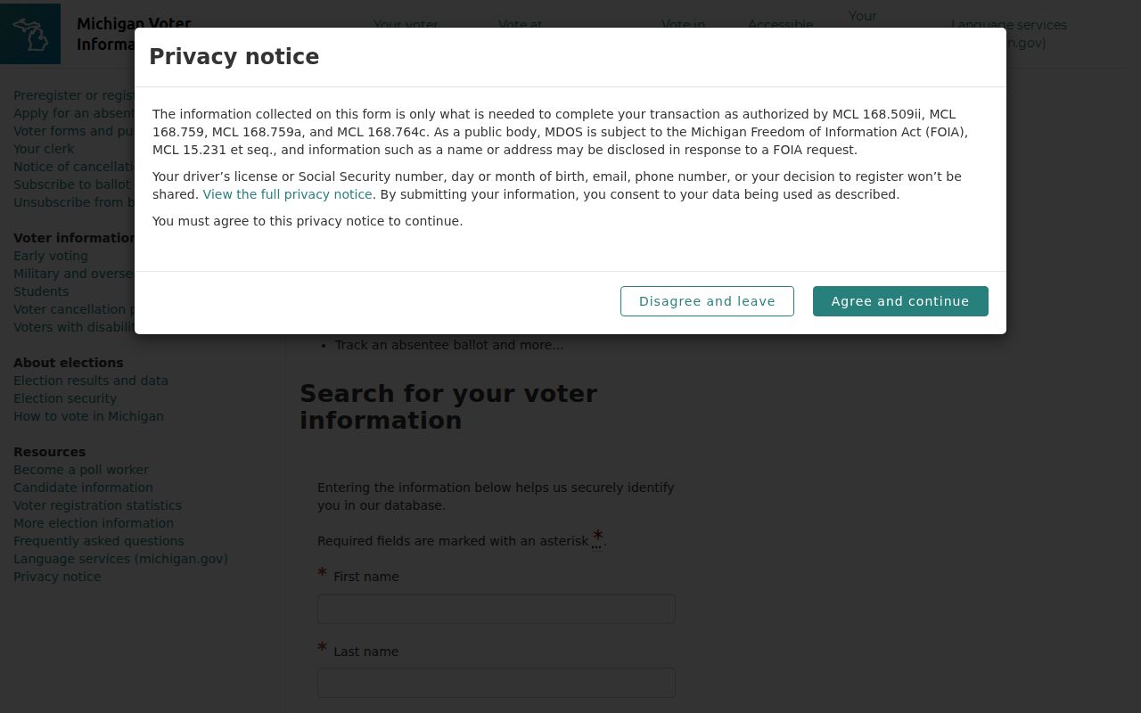 Dearborn Heights resident lookup using the Michigan voter information form