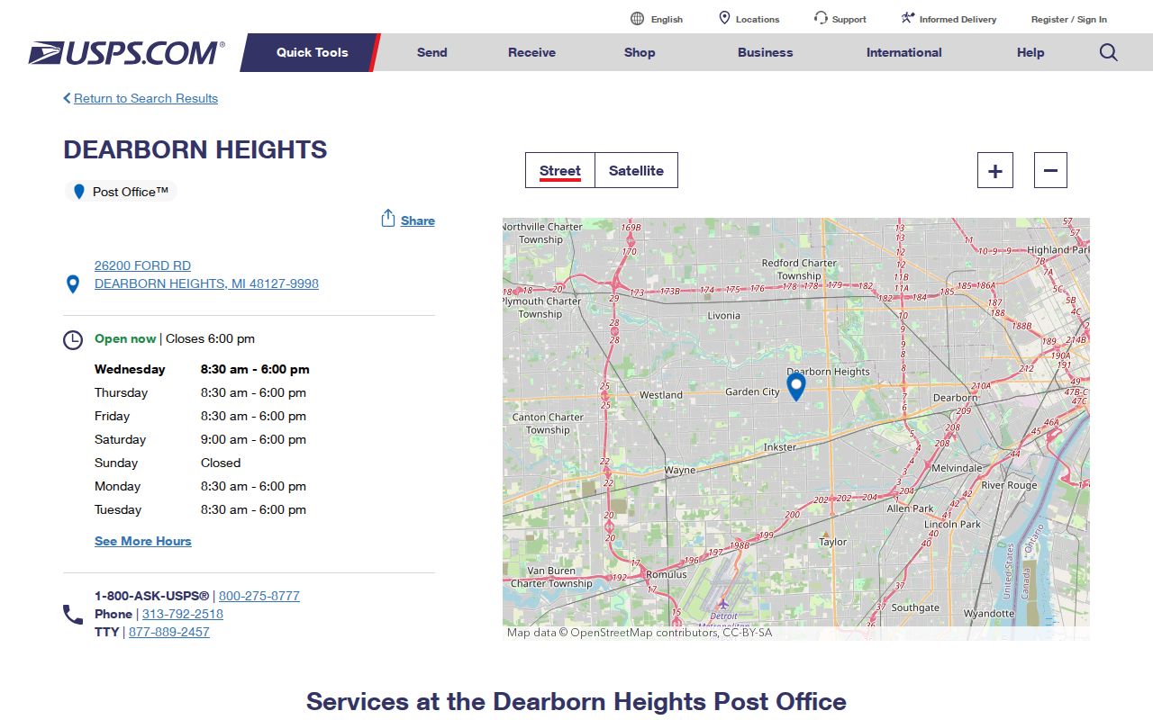 Dearborn Heights ZIP code directory post office listing for 48127